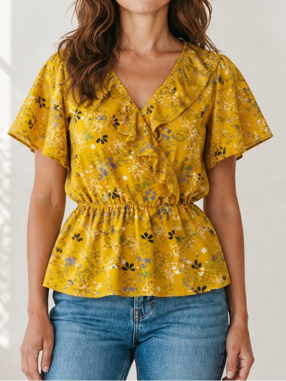 Sienna Sky Yellow Floral Ruffle Peplum Top Size S
